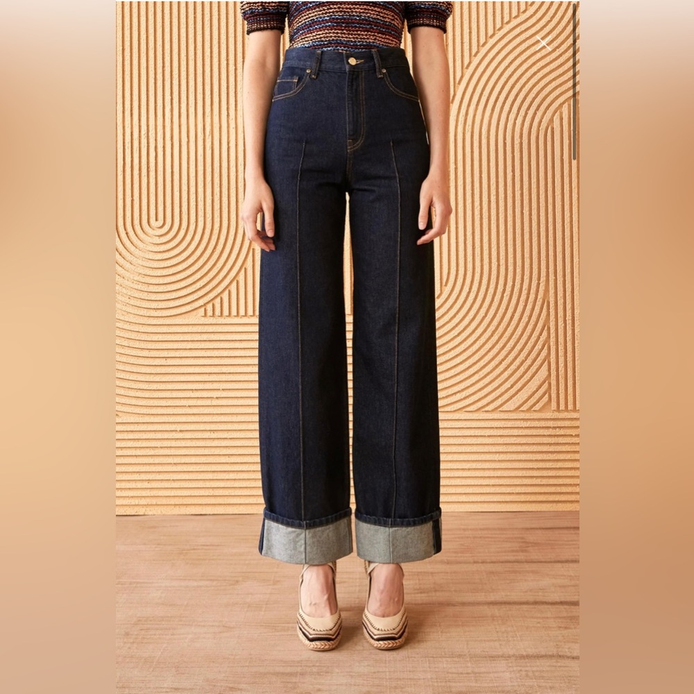 NWT Ulla Johnson The Genevieve Topstitch Wide-Leg High Rise Cuffed Jean 30 $475